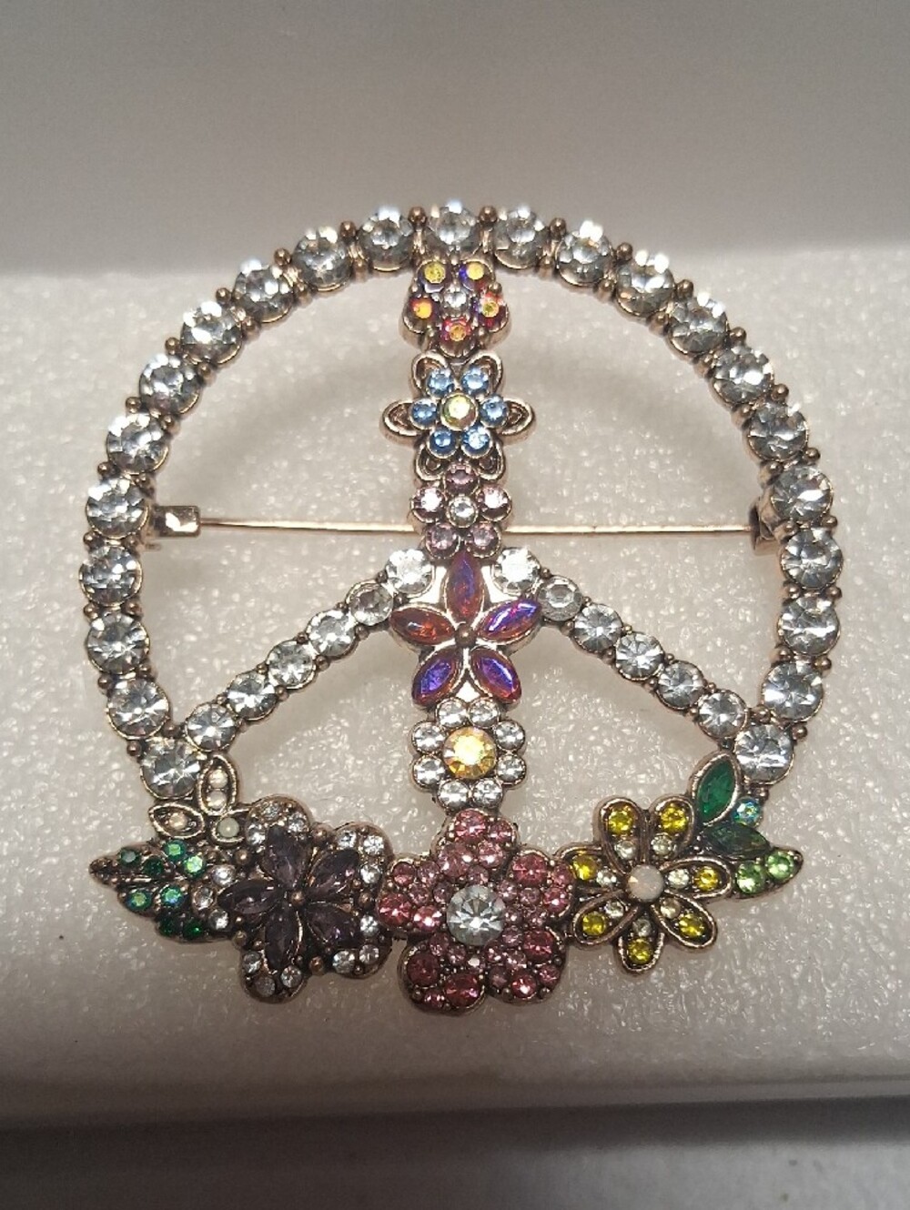 Vintage Multicolor Crystal Peace Sign Flower Brooch - Women Jewelry - Picture 4 of 5